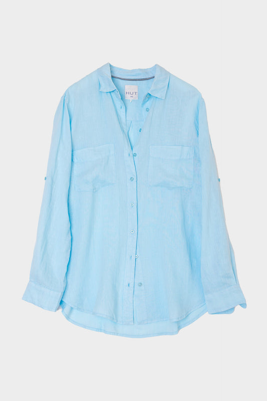 Hut - Boyfriend Linen Shirt Lift My Mood Blue