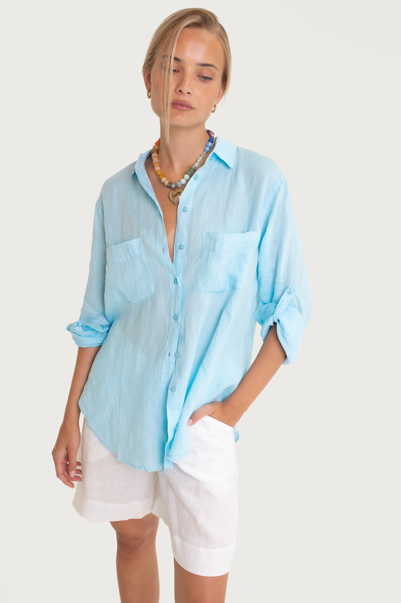 Hut - Boyfriend Linen Shirt Lift My Mood Blue