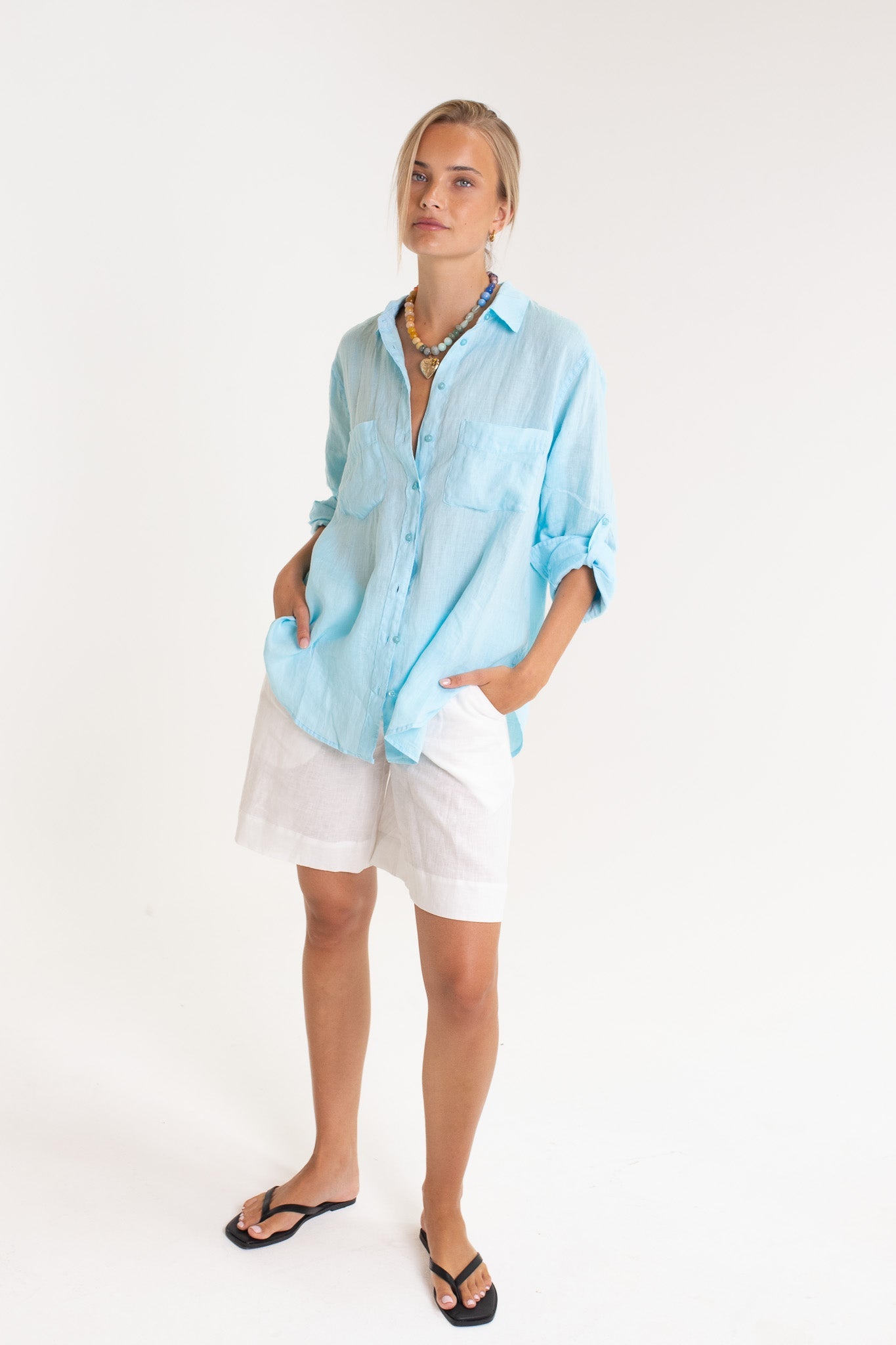 Hut - Boyfriend Linen Shirt Lift My Mood Blue