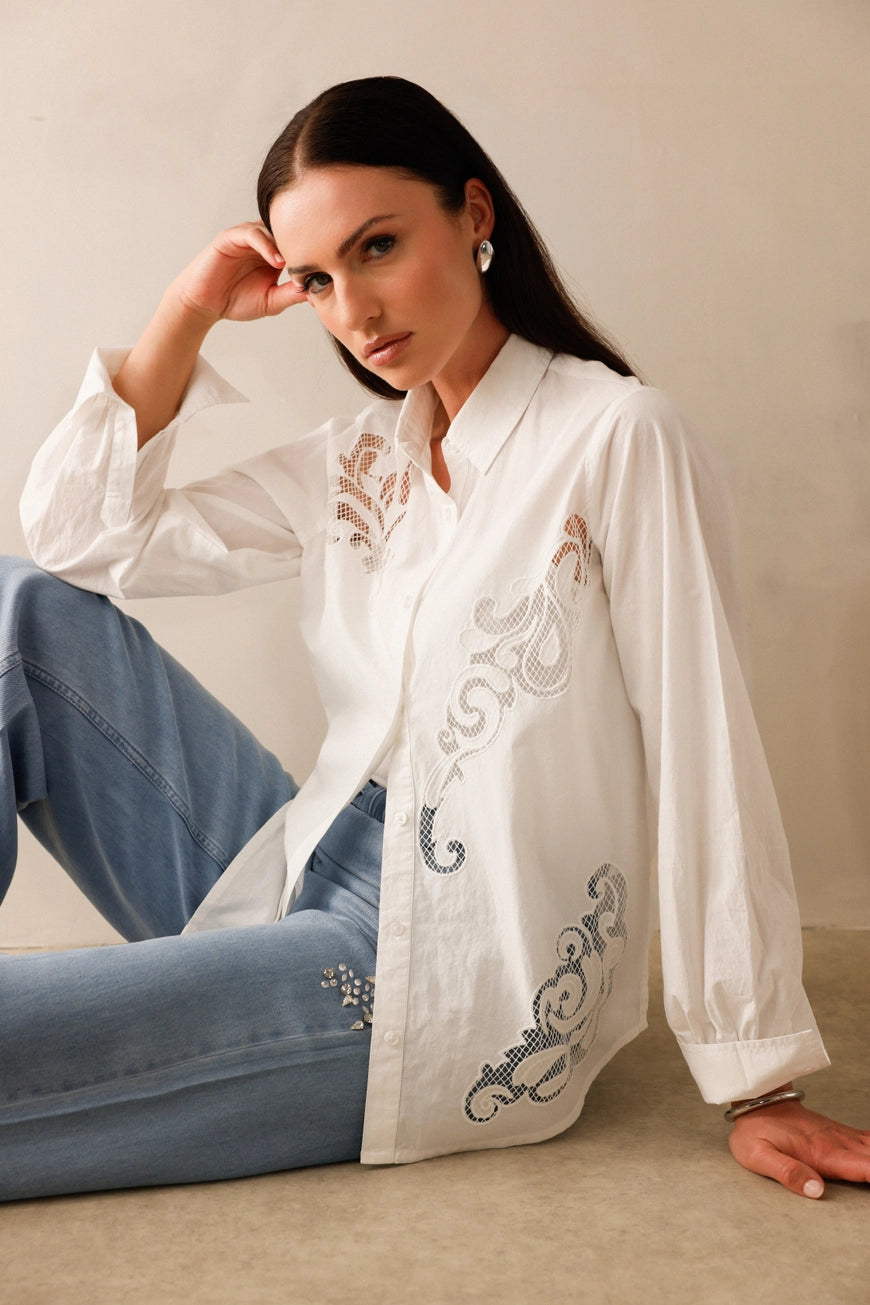 Monari - Embroidery Cream Blouse