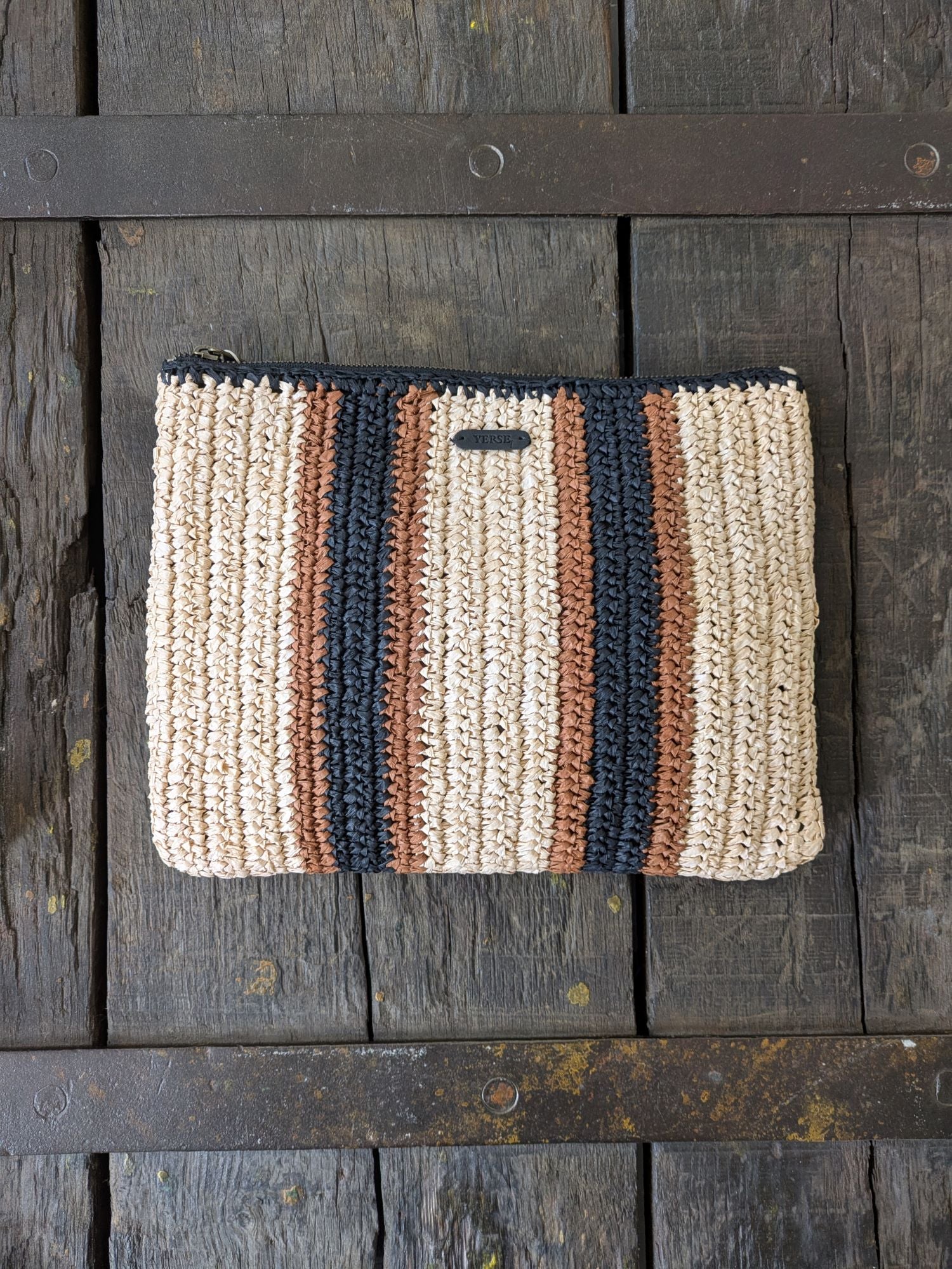 Yerse - Raffia Striped Clutch Bag