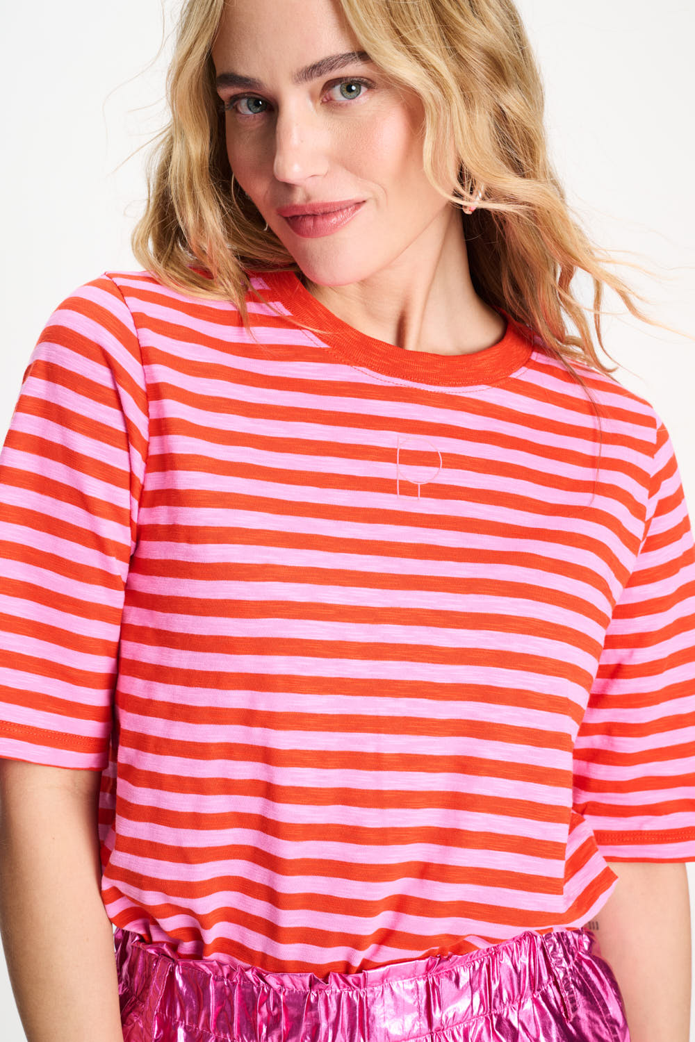 Pom Amsterdam - Orange and Pink Striped T-Shirt
