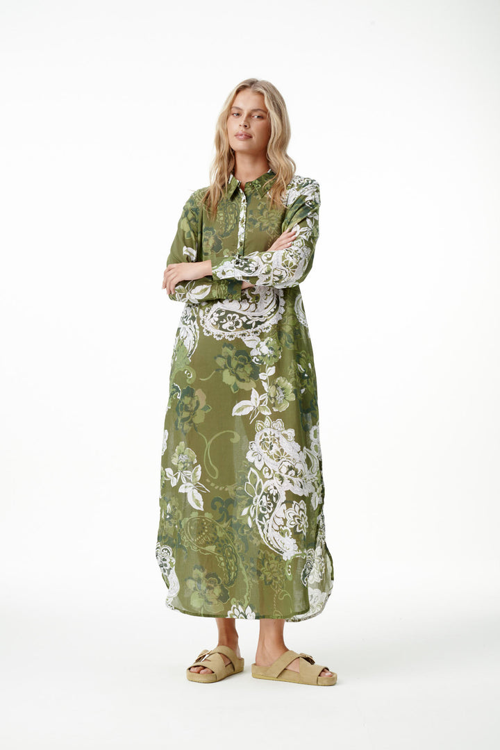 oneseason - Long Gilli Cotton Dress Khaki Swirl