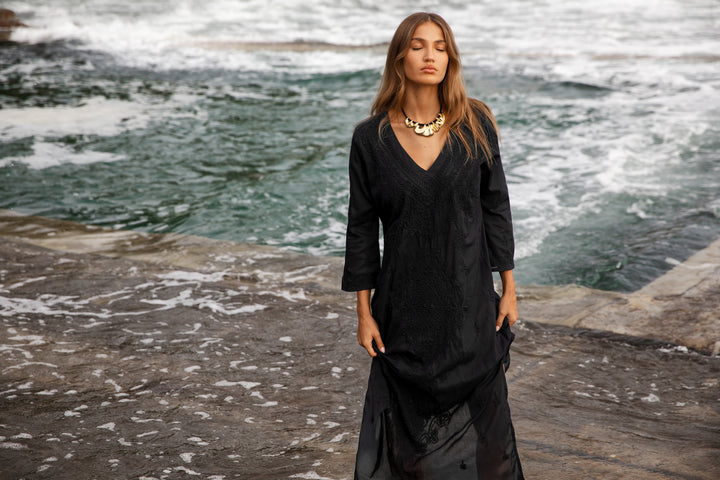 oneseason - Long Goa Embroidery Cotton Dress Black on Black