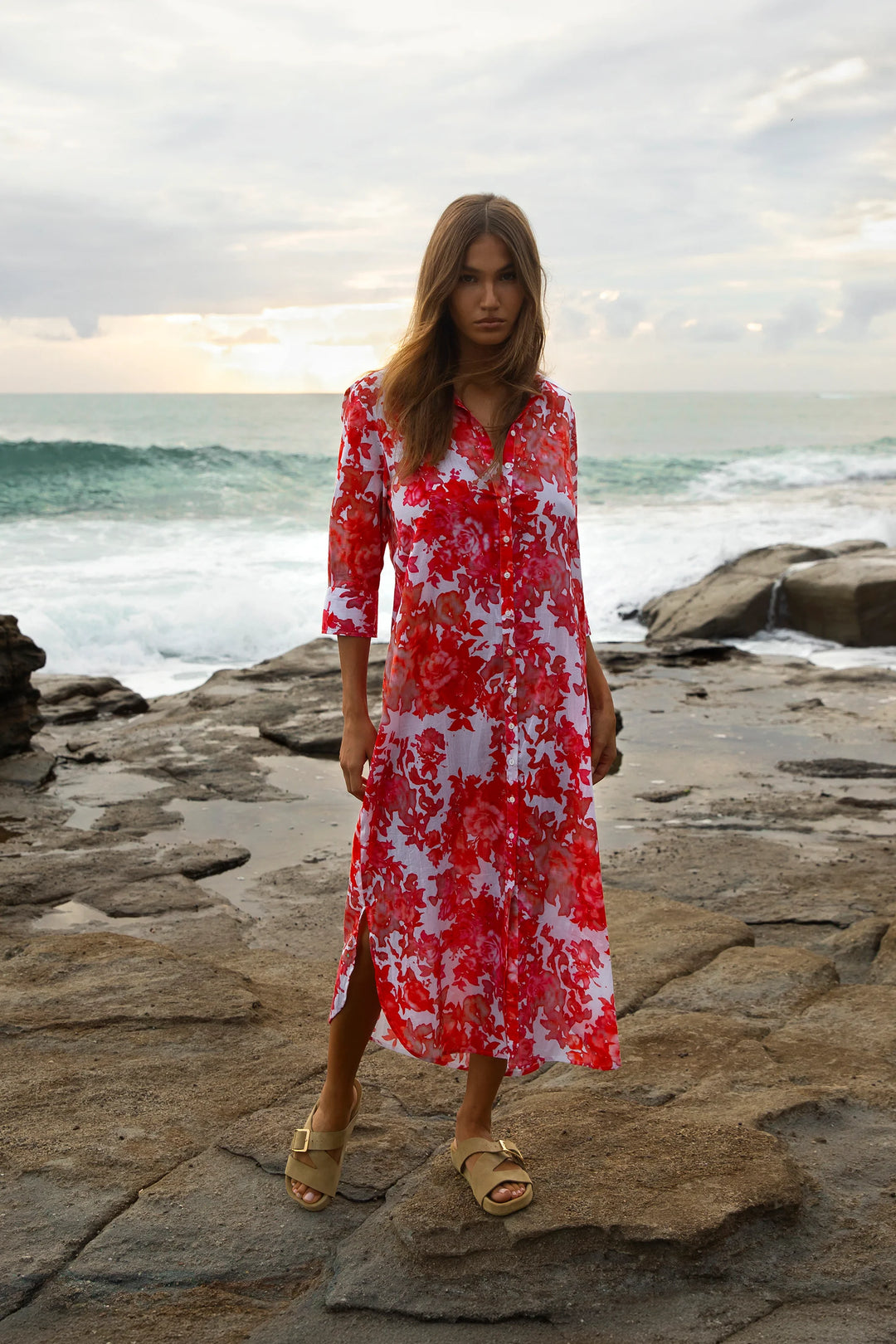 oneseason - Long Daisy Cotton Dress Rose Blanc