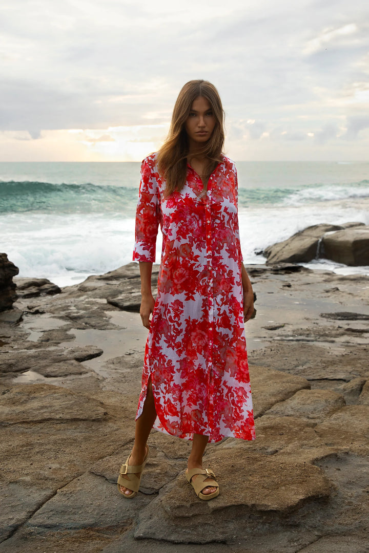 oneseason - Long Daisy Cotton Dress Rose Blanc