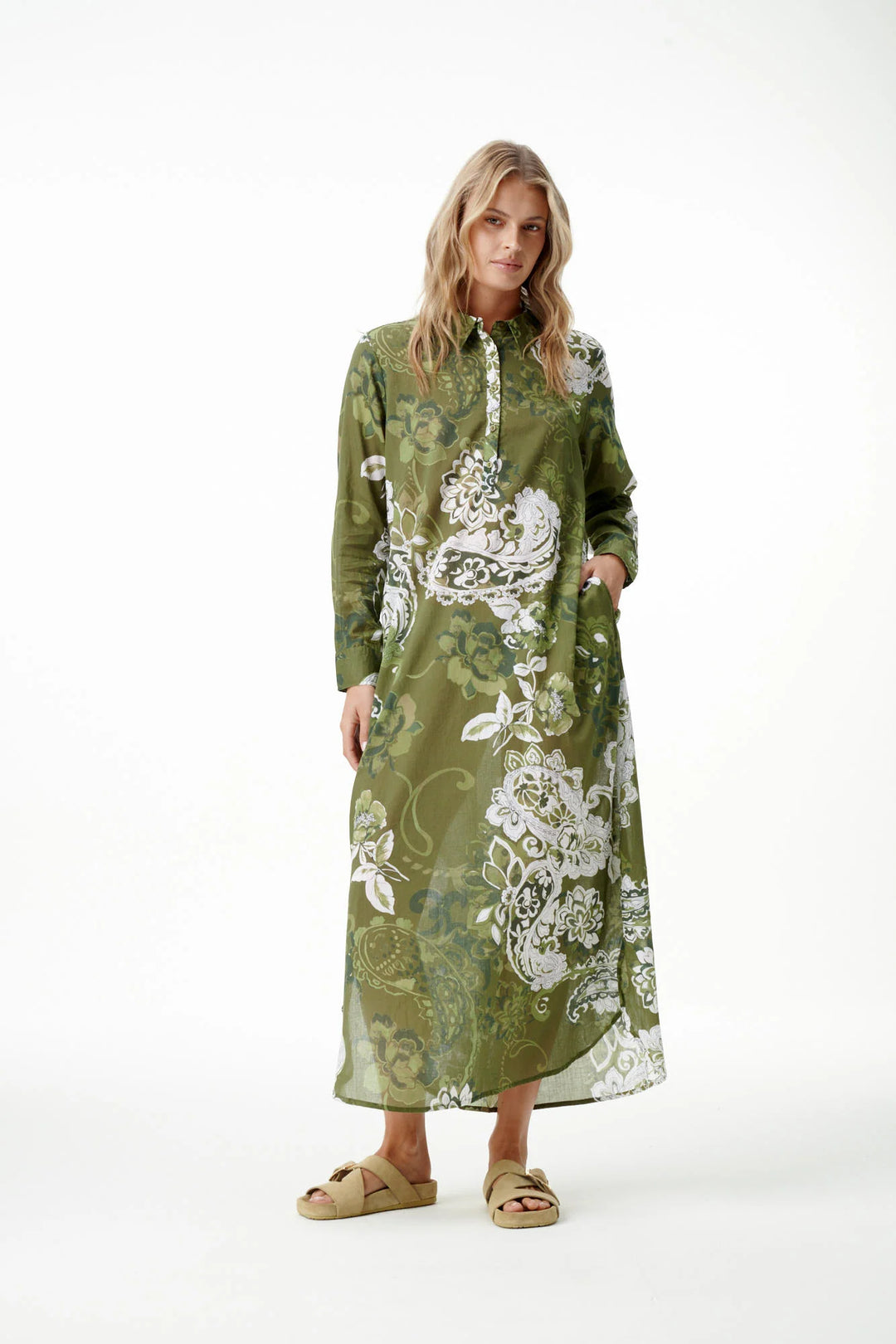 oneseason - Long Gilli Cotton Dress Khaki Swirl