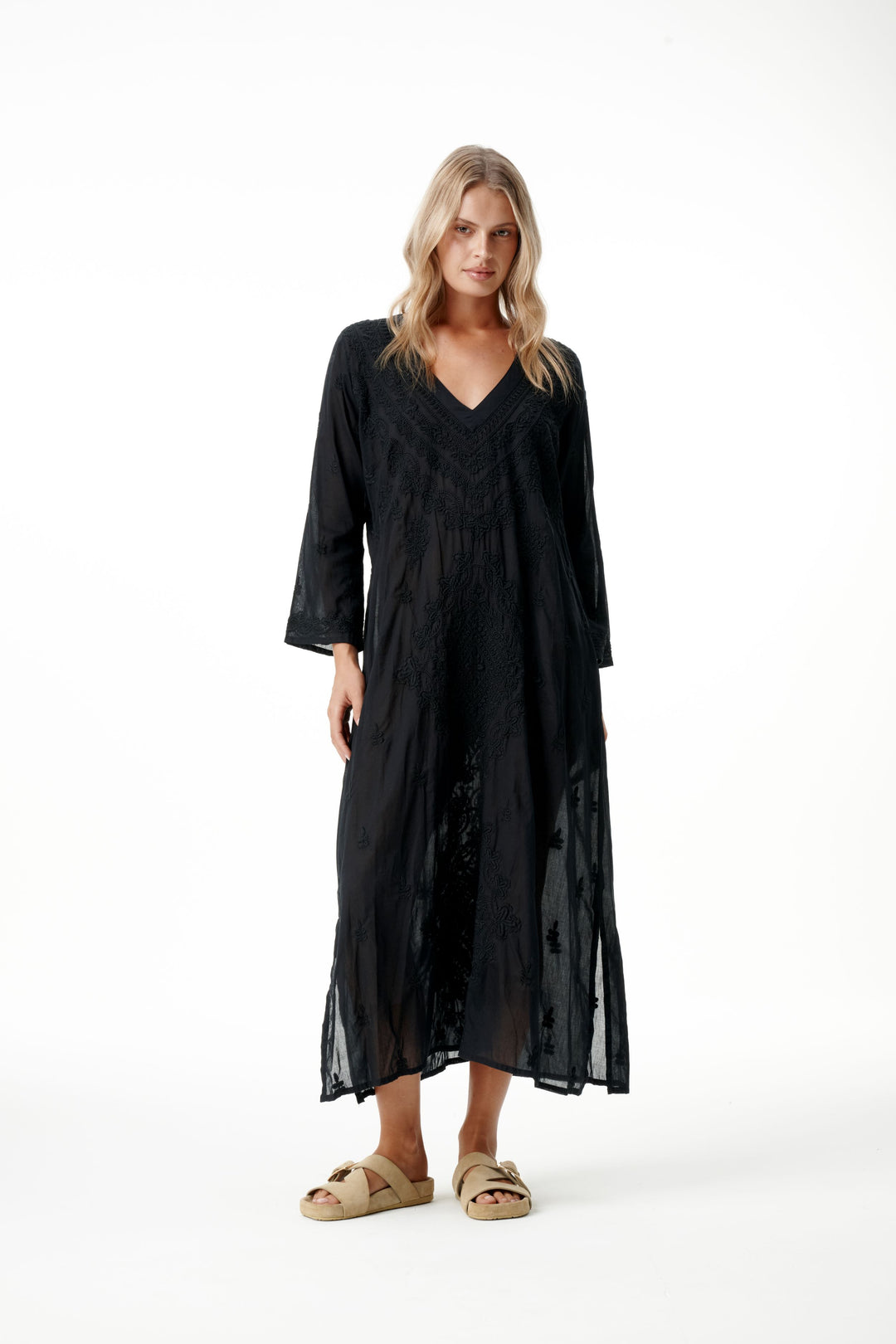 oneseason - Long Goa Embroidery Cotton Dress Black on Black