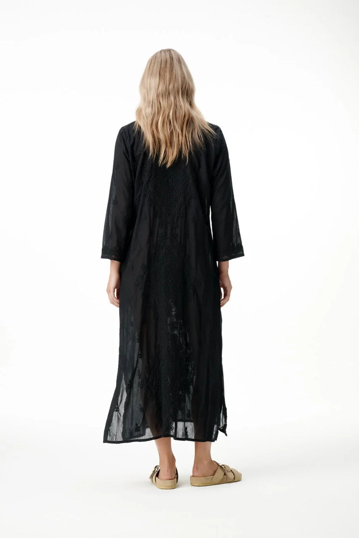 oneseason - Long Goa Embroidery Cotton Dress Black on Black