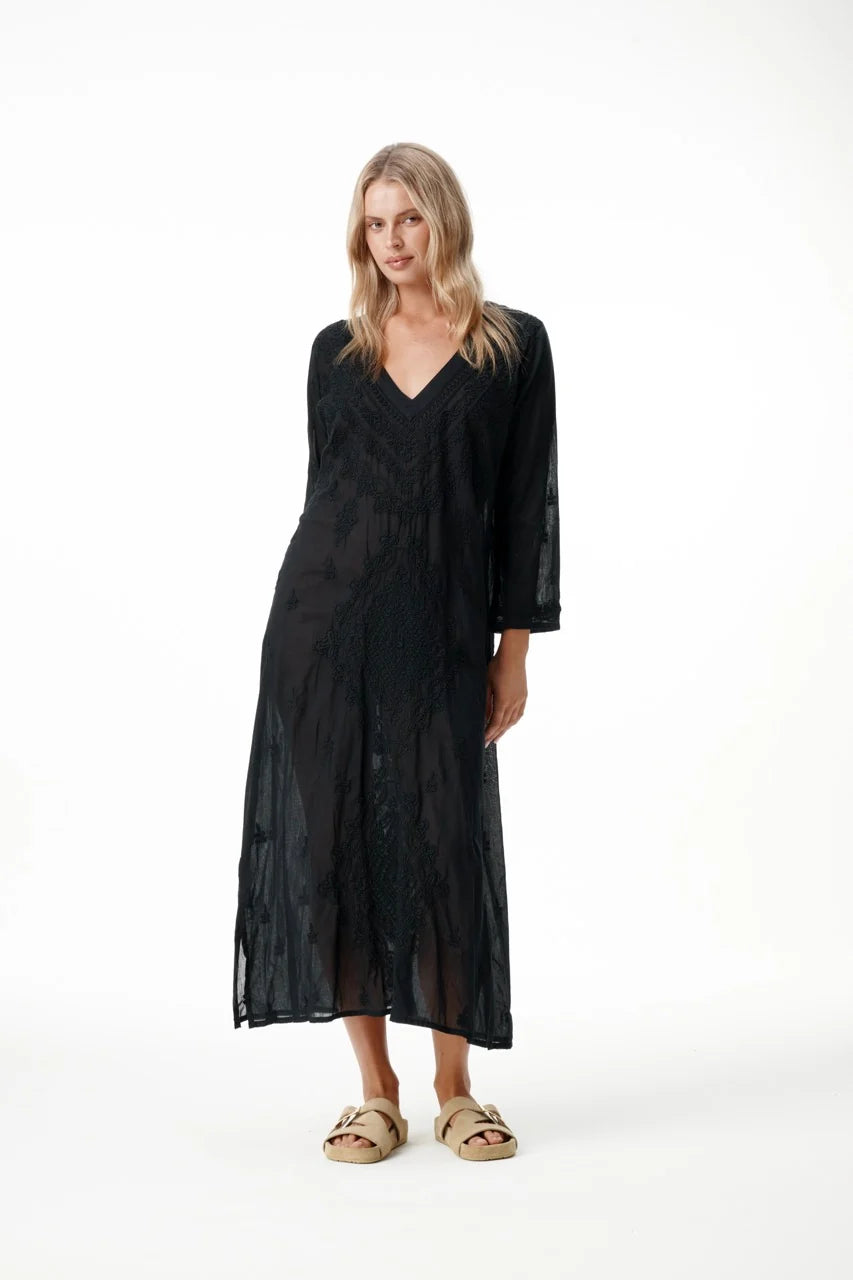 oneseason - Long Goa Embroidery Cotton Dress Black on Black