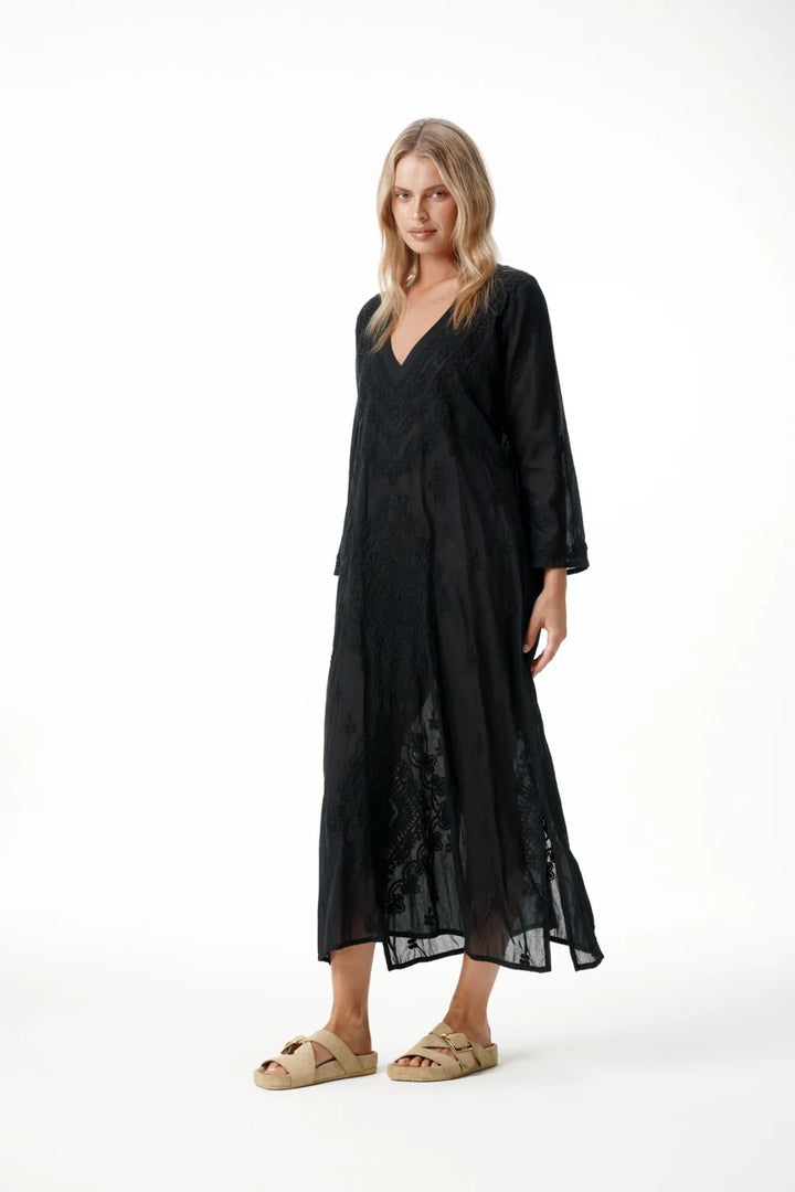 oneseason - Long Goa Embroidery Cotton Dress Black on Black
