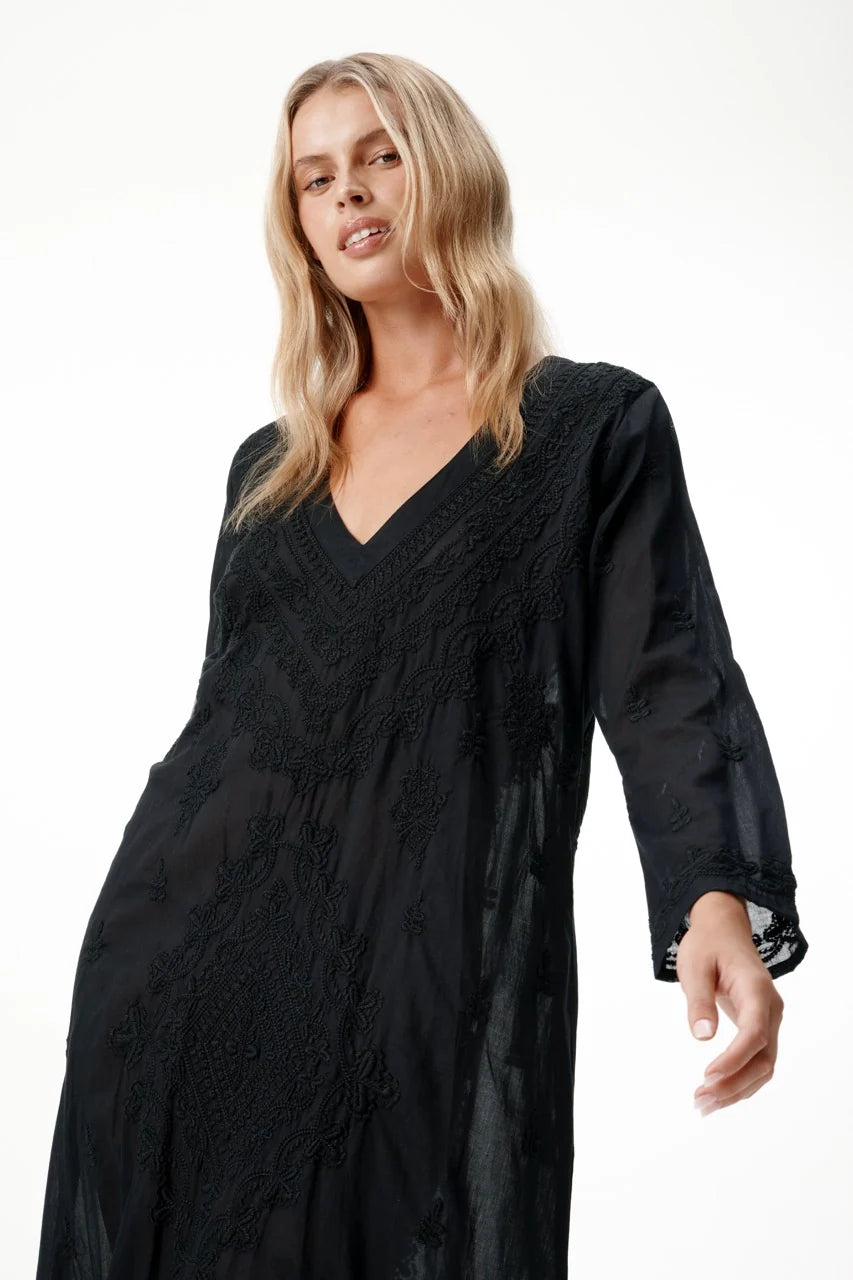 oneseason - Long Goa Embroidery Cotton Dress Black on Black