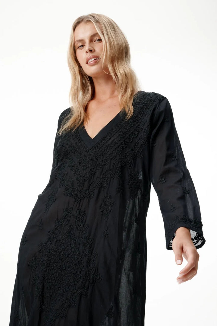 oneseason - Long Goa Embroidery Cotton Dress Black on Black